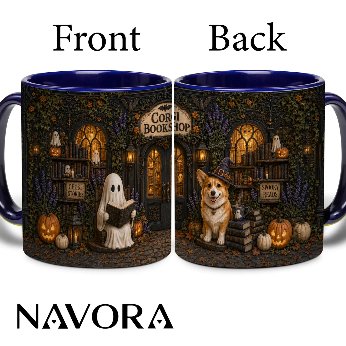 Corgi Bookshop Halloween mug with reading ghost, witch Corgi, glowing library, pumpkins and black handle