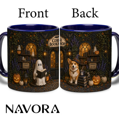 Corgi Bookshop Halloween mug with reading ghost, witch Corgi, glowing library, pumpkins and black handle