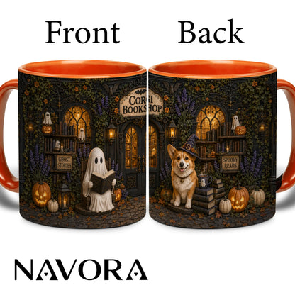 Corgi Bookshop Halloween mug with reading ghost, witch Corgi, glowing library, pumpkins and black handle