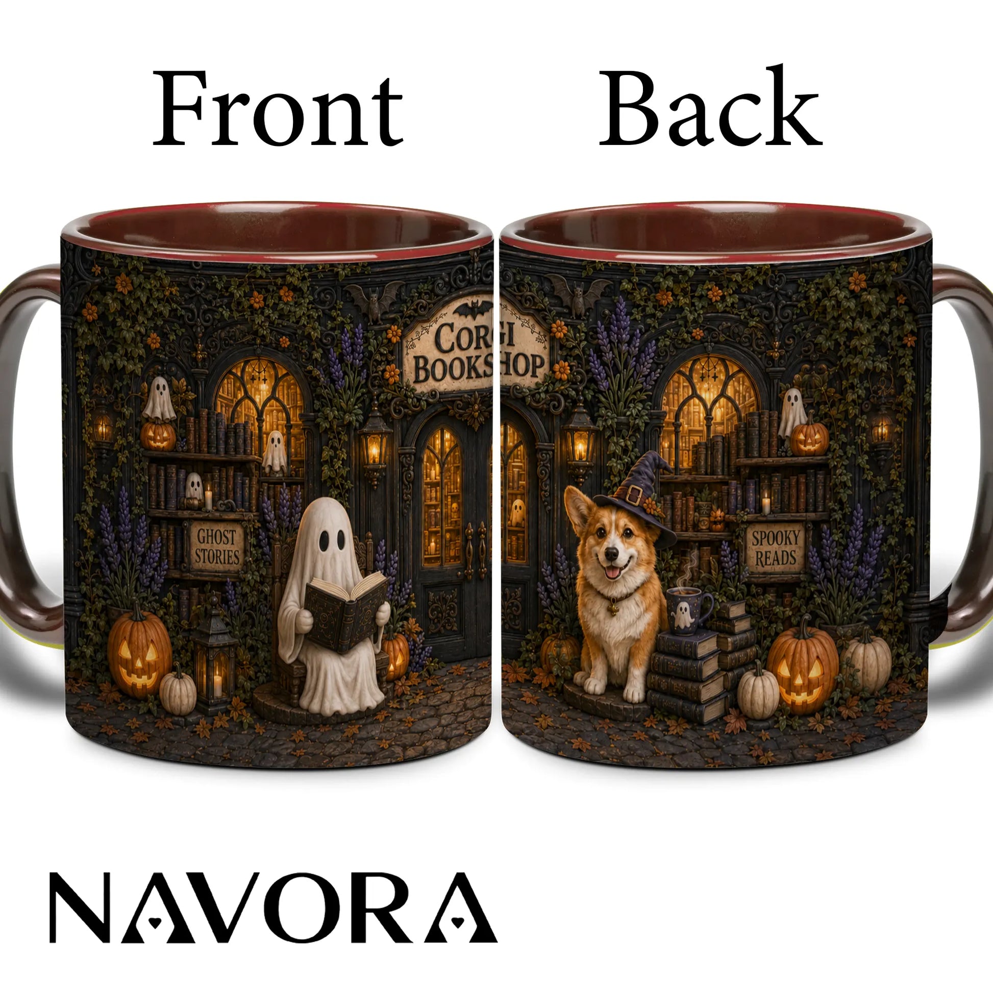 Corgi Bookshop Halloween mug with reading ghost, witch Corgi, glowing library, pumpkins and black handle