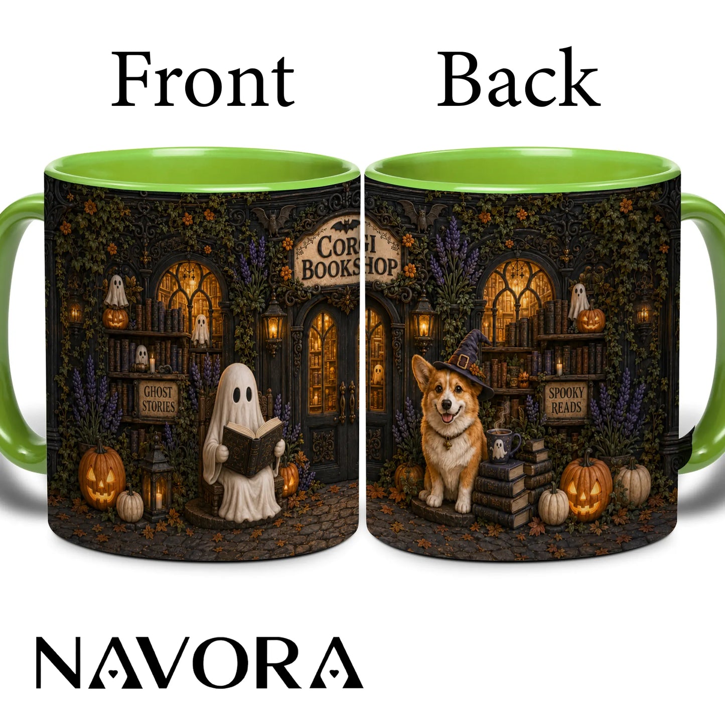 Corgi Bookshop Halloween mug with reading ghost, witch Corgi, glowing library, pumpkins and black handle