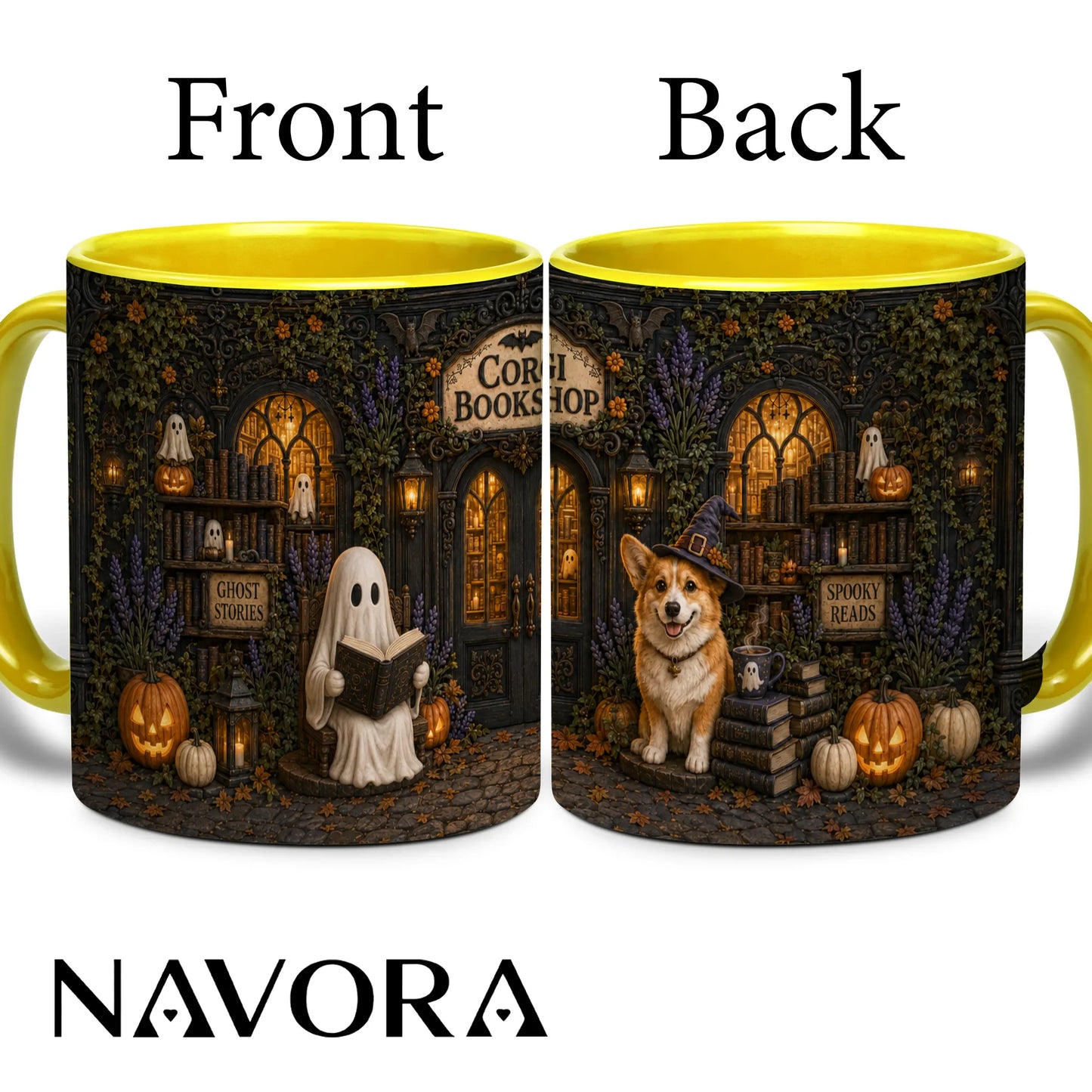 Corgi Bookshop Halloween mug with reading ghost, witch Corgi, glowing library, pumpkins and black handle