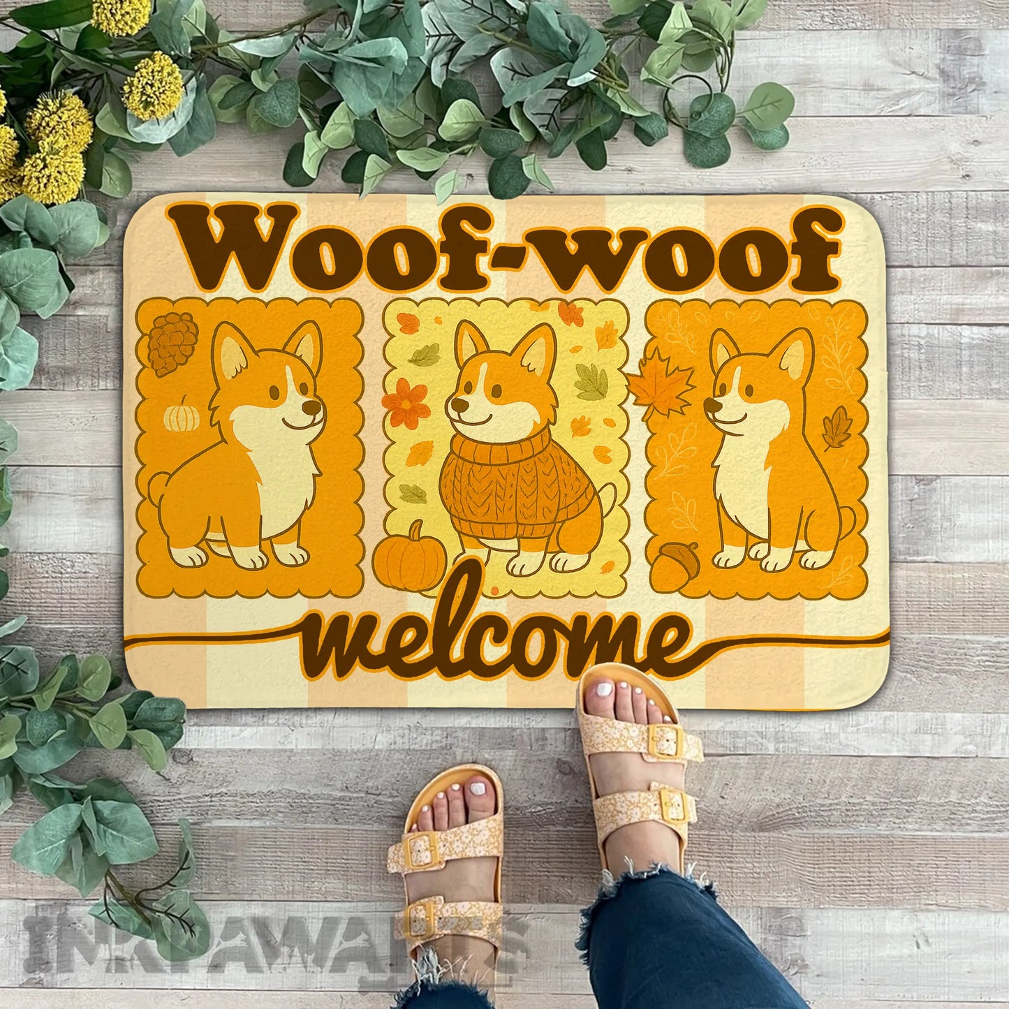 Corgi Doormat Woof-Woof Fall Welcome Mat for Corgi Thanksgiving Decor