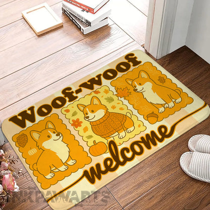 Corgi Doormat Woof-Woof Fall Welcome Mat for Corgi Thanksgiving Decor