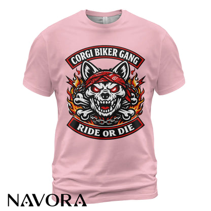 Corgi T-Shirt Biker Gang Ride or Die – Skull Motorcycle Dog Graphic Tee for Hardcore Riders Navora Official