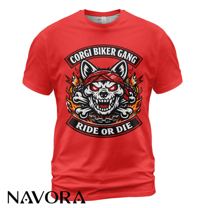 Corgi T-Shirt Biker Gang Ride or Die – Skull Motorcycle Dog Graphic Tee for Hardcore Riders Navora Official