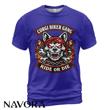 Corgi T-Shirt Biker Gang Ride or Die – Skull Motorcycle Dog Graphic Tee for Hardcore Riders Navora Official