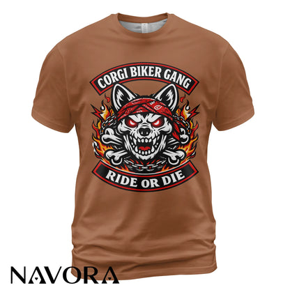 Corgi T-Shirt Biker Gang Ride or Die – Skull Motorcycle Dog Graphic Tee for Hardcore Riders Navora Official