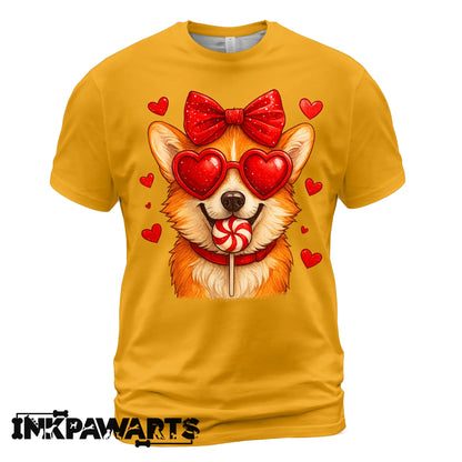 Cute Corgi Valentine T-Shirt – Corgi Love Shirt with Heart Lollipop