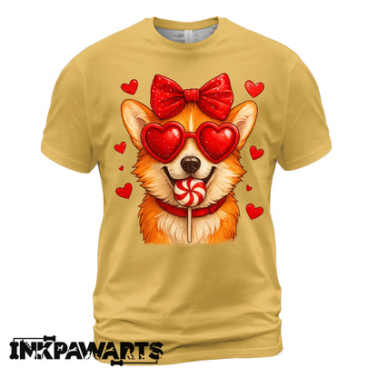 Cute Corgi Valentine T-Shirt – Corgi Love Shirt with Heart Lollipop