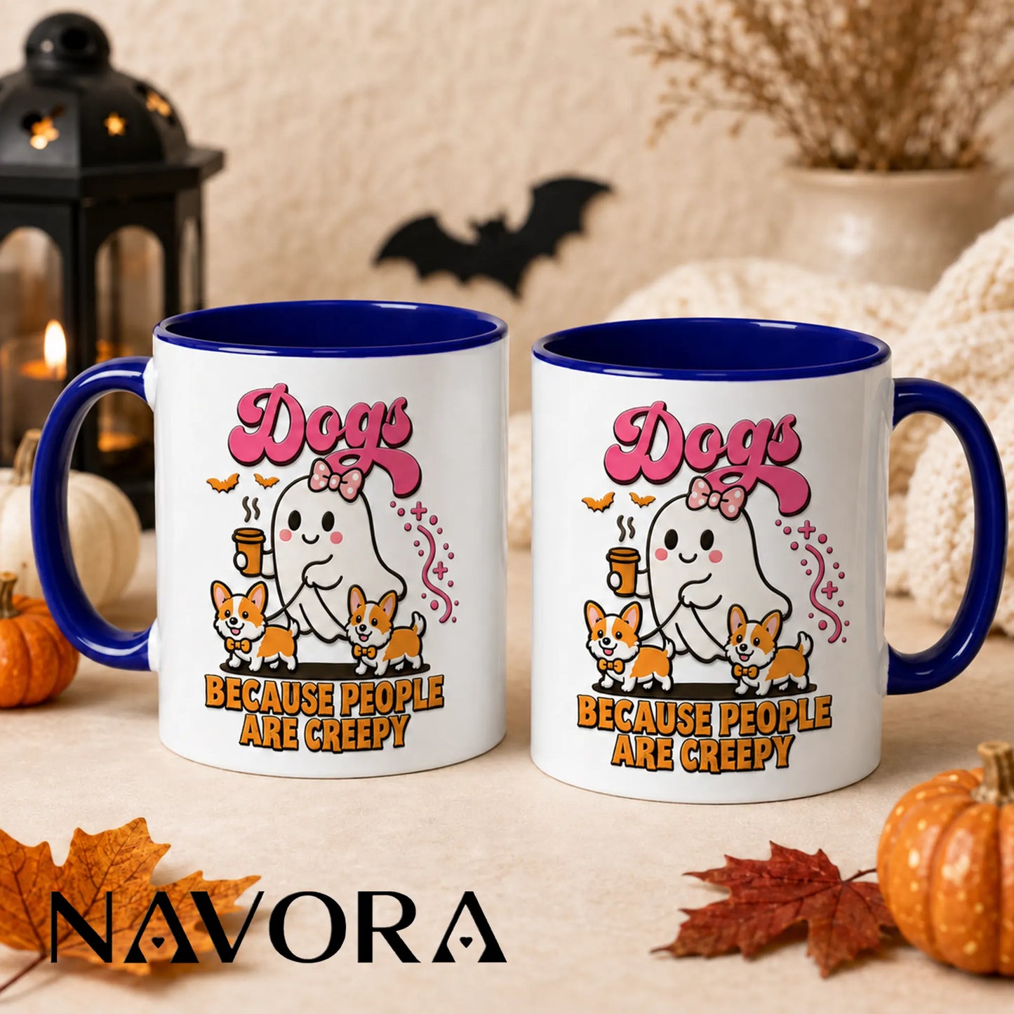 Dogs Because People Are Creepy Halloween Corgi Mug with ghost and two Corgis
