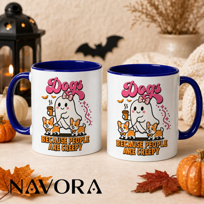 Dogs Because People Are Creepy Halloween Corgi Mug with ghost and two Corgis