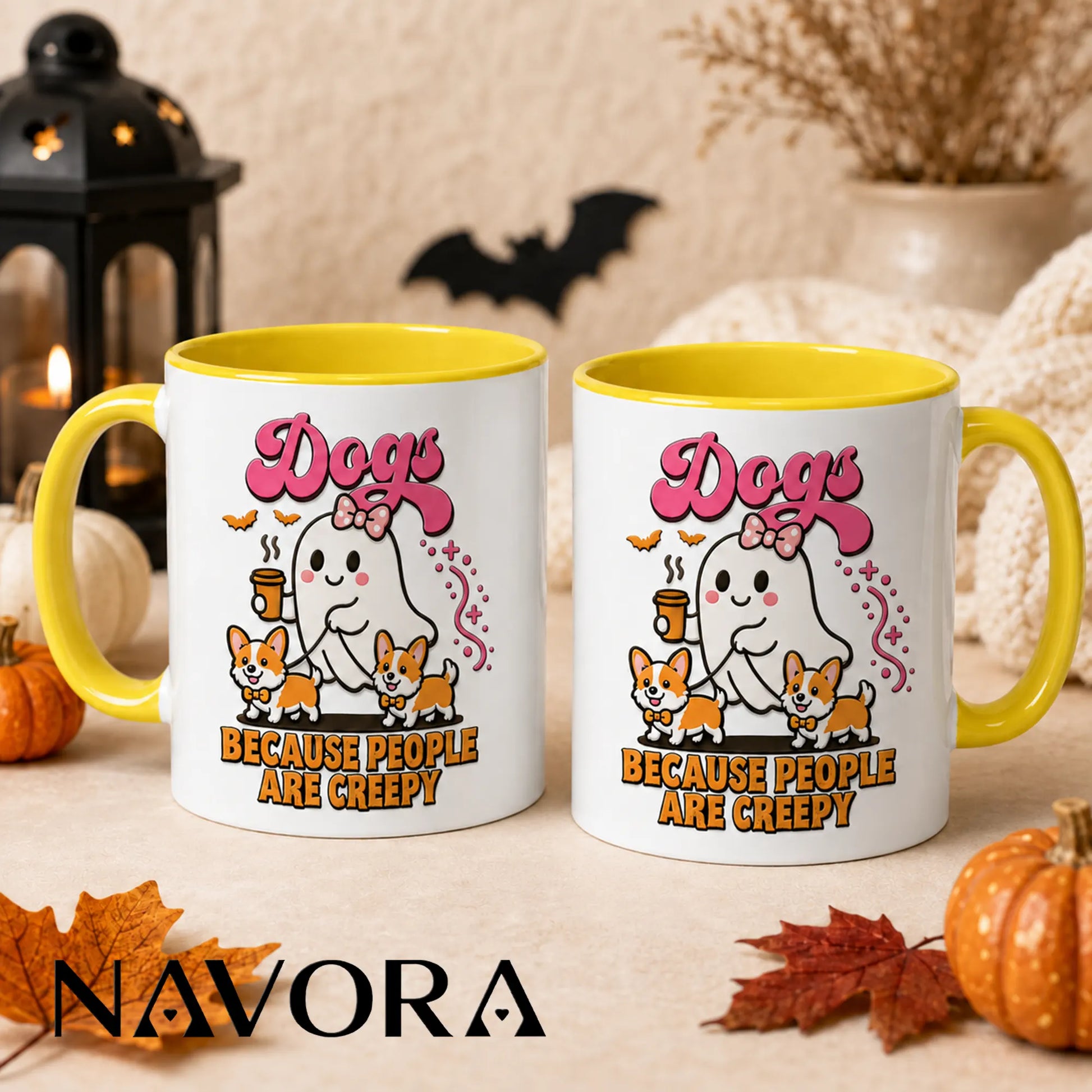 Dogs Because People Are Creepy Halloween Corgi Mug with ghost and two Corgis