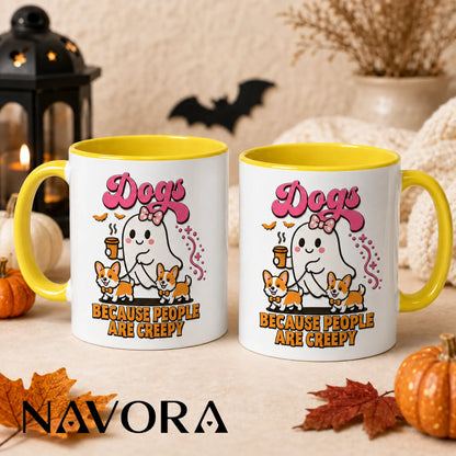 Dogs Because People Are Creepy Halloween Corgi Mug with ghost and two Corgis