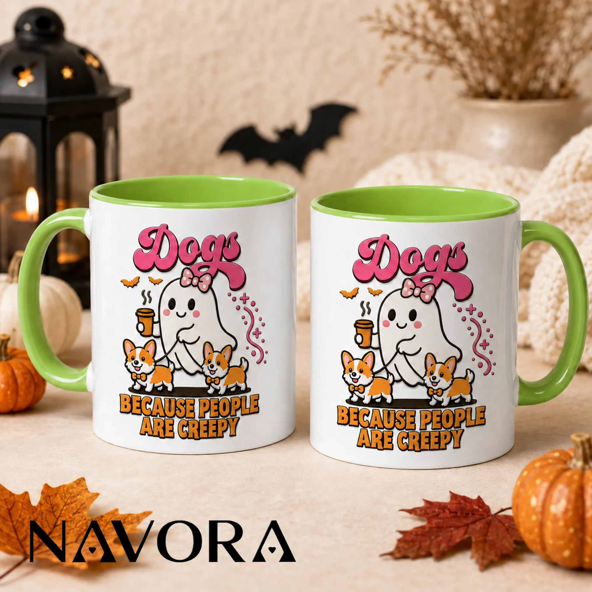 Dogs Because People Are Creepy Halloween Corgi Mug with ghost and two Corgis