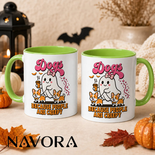 Dogs Because People Are Creepy Halloween Corgi Mug with ghost and two Corgis