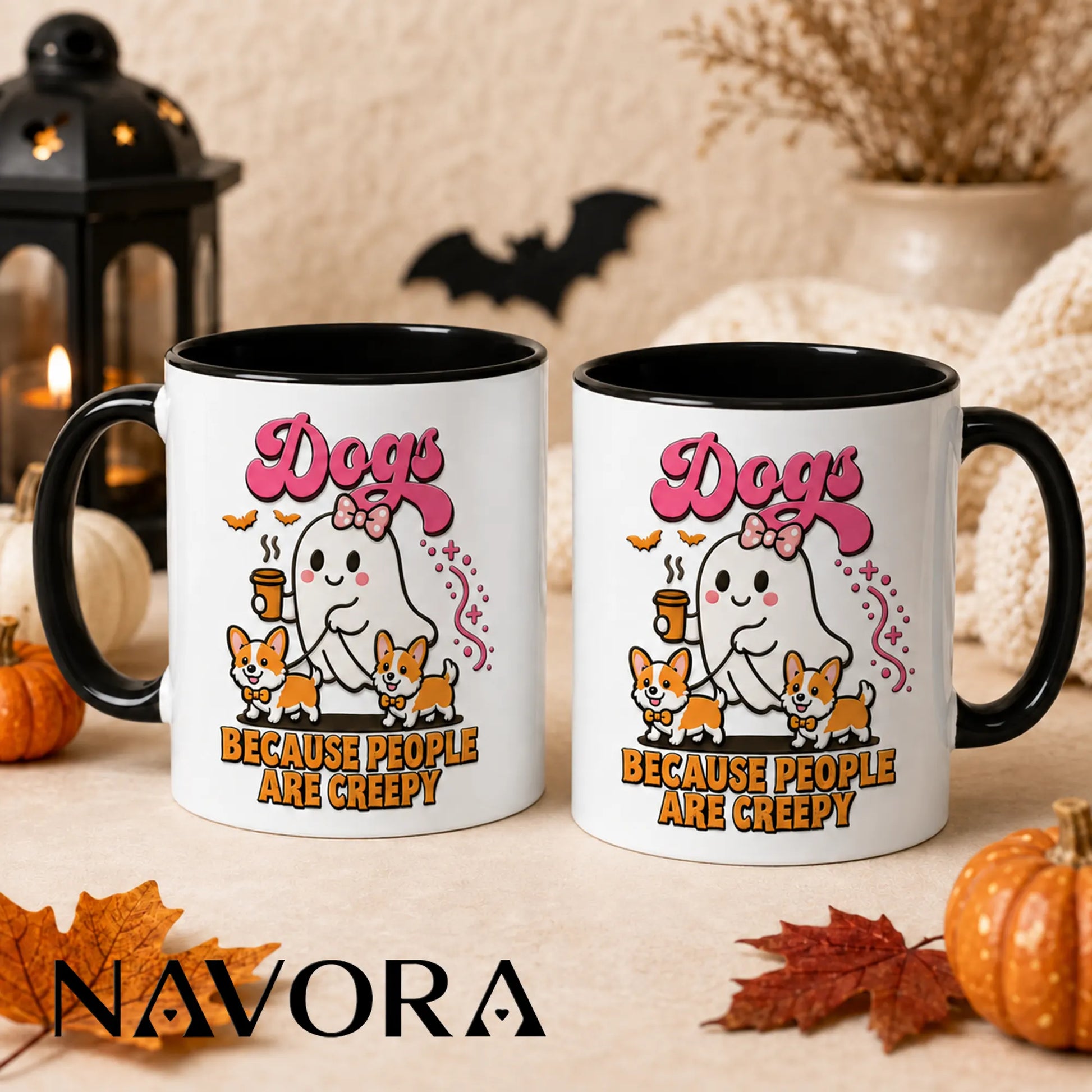 Dogs Because People Are Creepy Halloween Corgi Mug with ghost and two Corgis
