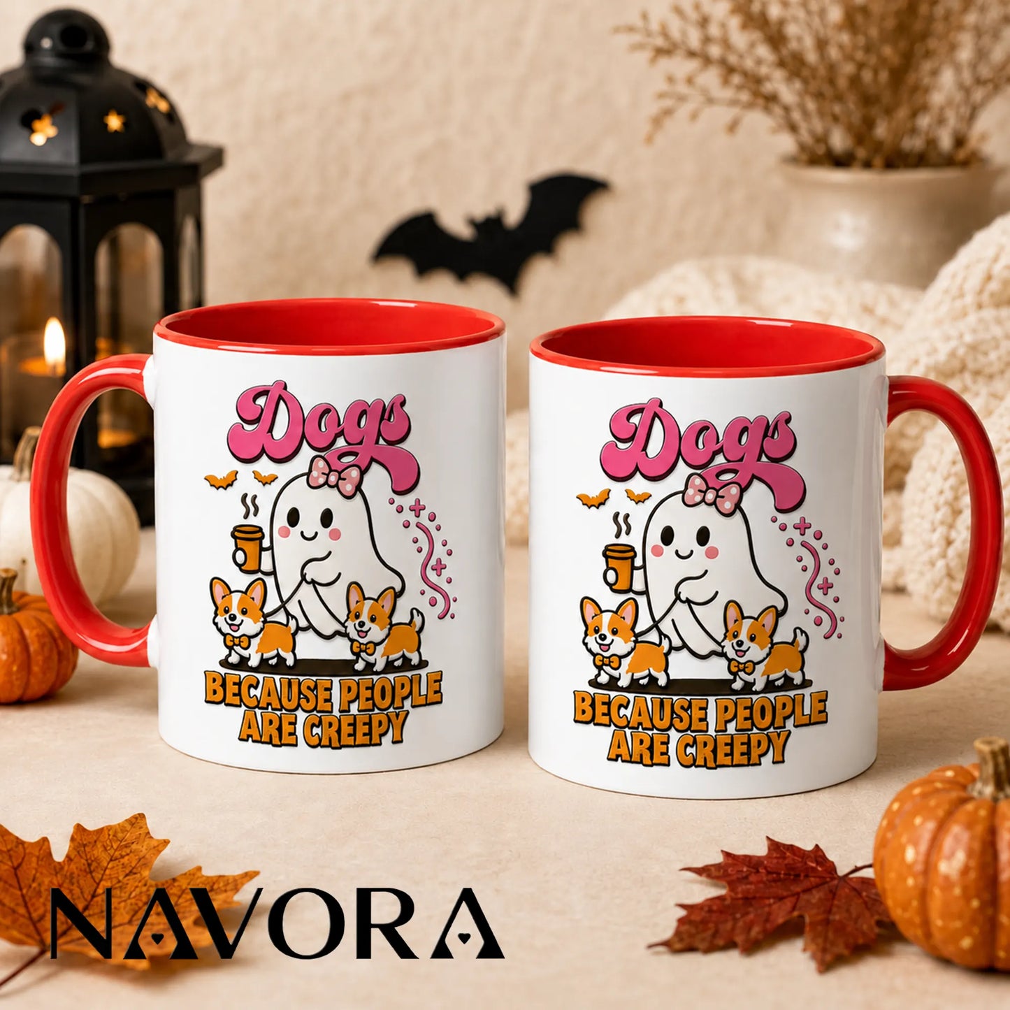 Dogs Because People Are Creepy Halloween Corgi Mug with ghost and two Corgis