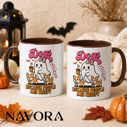 Dogs Because People Are Creepy Halloween Corgi Mug with ghost and two Corgis
