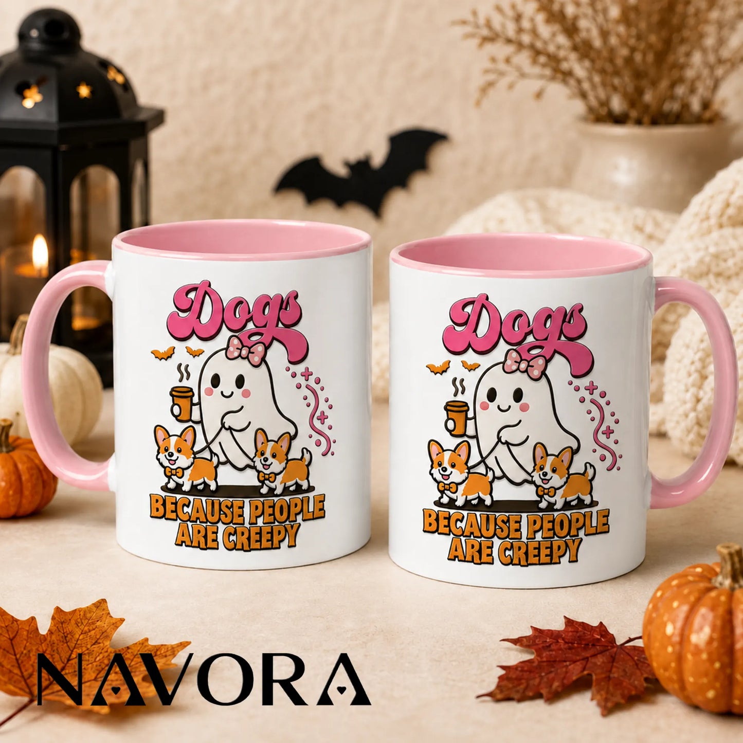 Dogs Because People Are Creepy Halloween Corgi Mug with ghost and two Corgis