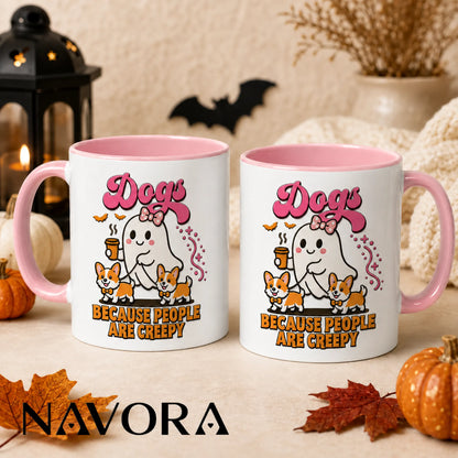Dogs Because People Are Creepy Halloween Corgi Mug with ghost and two Corgis