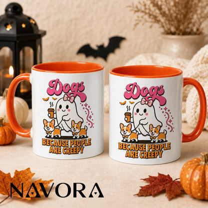 Dogs Because People Are Creepy Halloween Corgi Mug with ghost and two Corgis