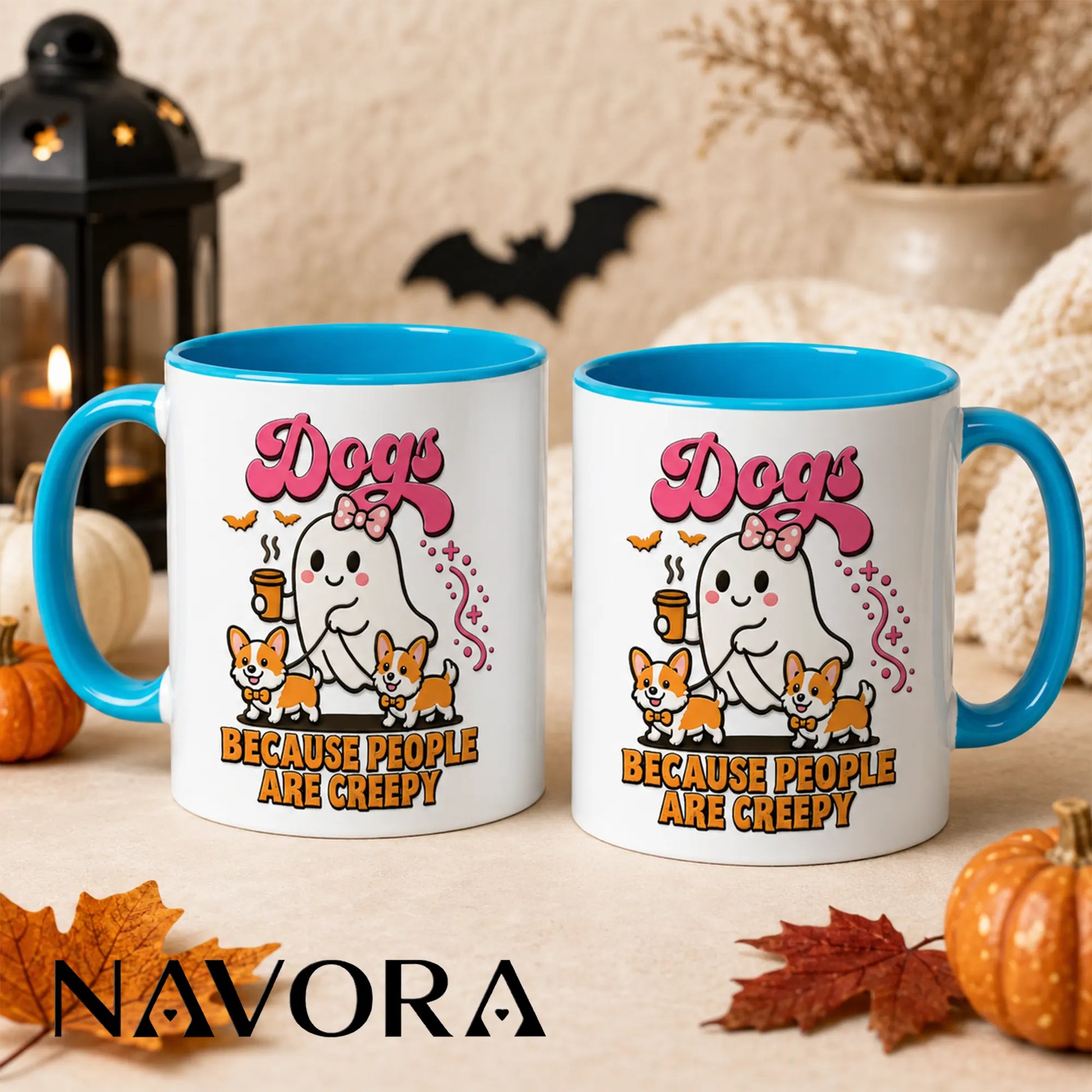 Dogs Because People Are Creepy Halloween Corgi Mug with ghost and two Corgis