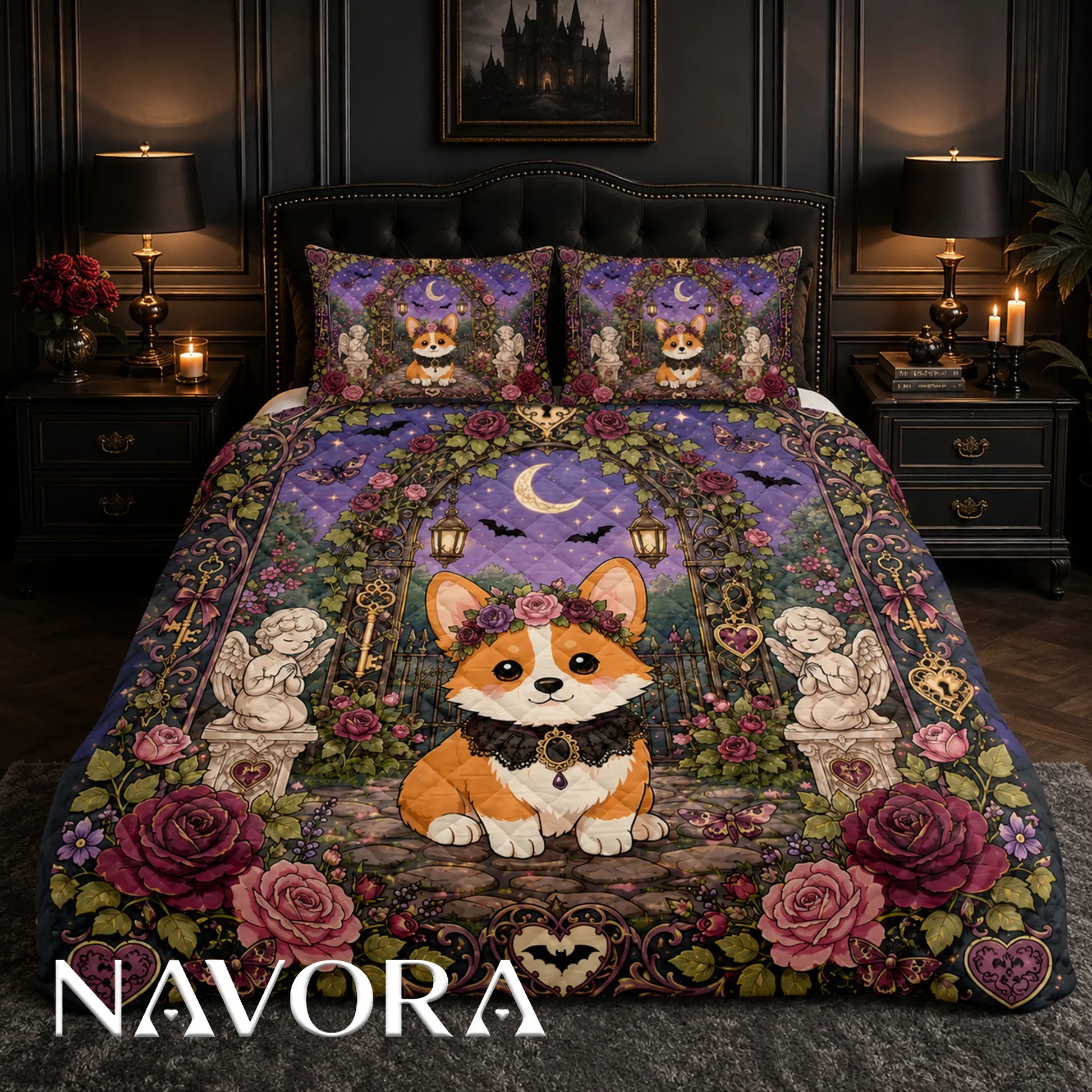 Gothic Corgi rose garden quilt bedding set with crescent moon, lanterns, angel statues and purple floral details