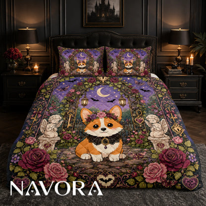 Gothic Corgi rose garden quilt bedding set with crescent moon, lanterns, angel statues and purple floral details