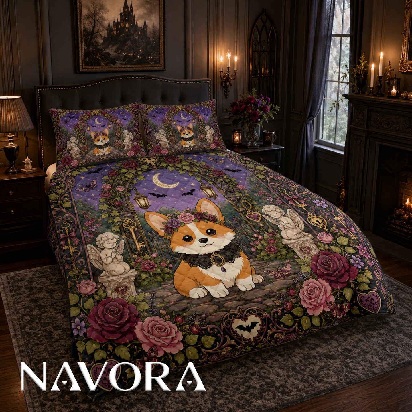 Gothic Corgi rose garden quilt bedding set with crescent moon, lanterns, angel statues and purple floral details