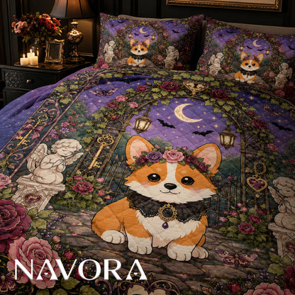 Gothic Corgi rose garden quilt bedding set with crescent moon, lanterns, angel statues and purple floral details