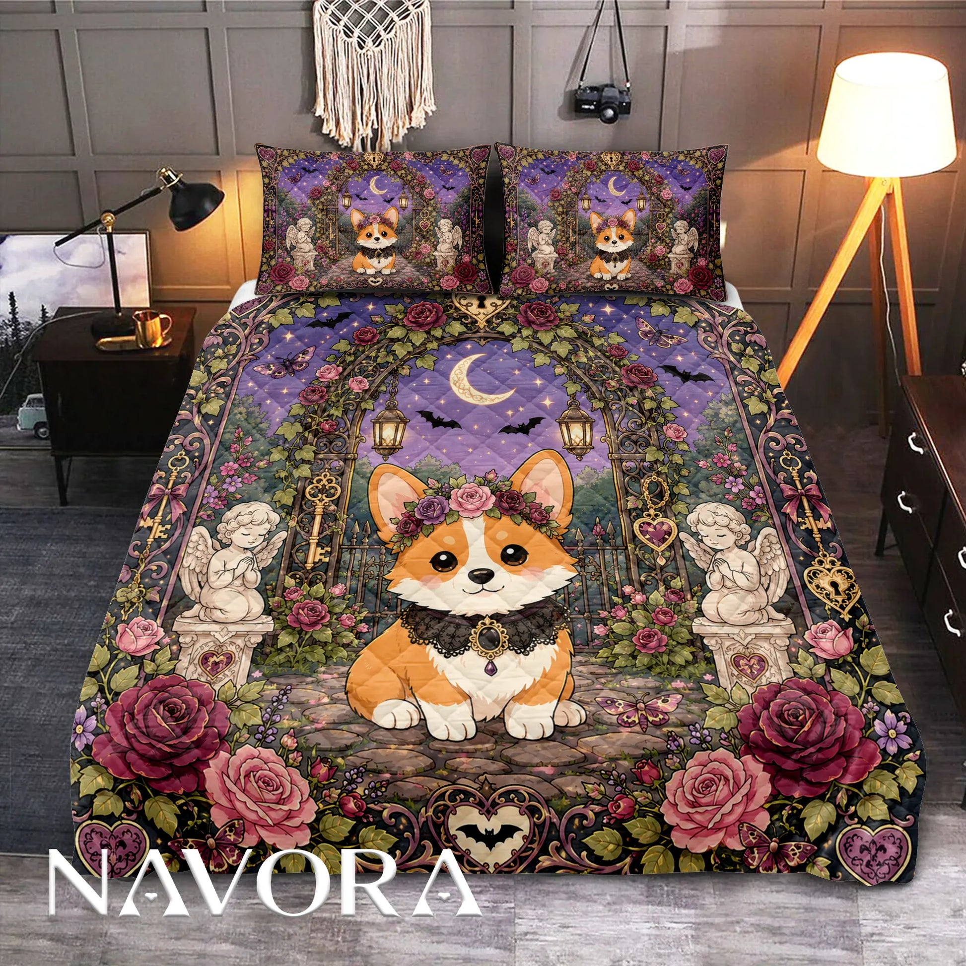 Gothic Corgi rose garden quilt bedding set with crescent moon, lanterns, angel statues and purple floral details