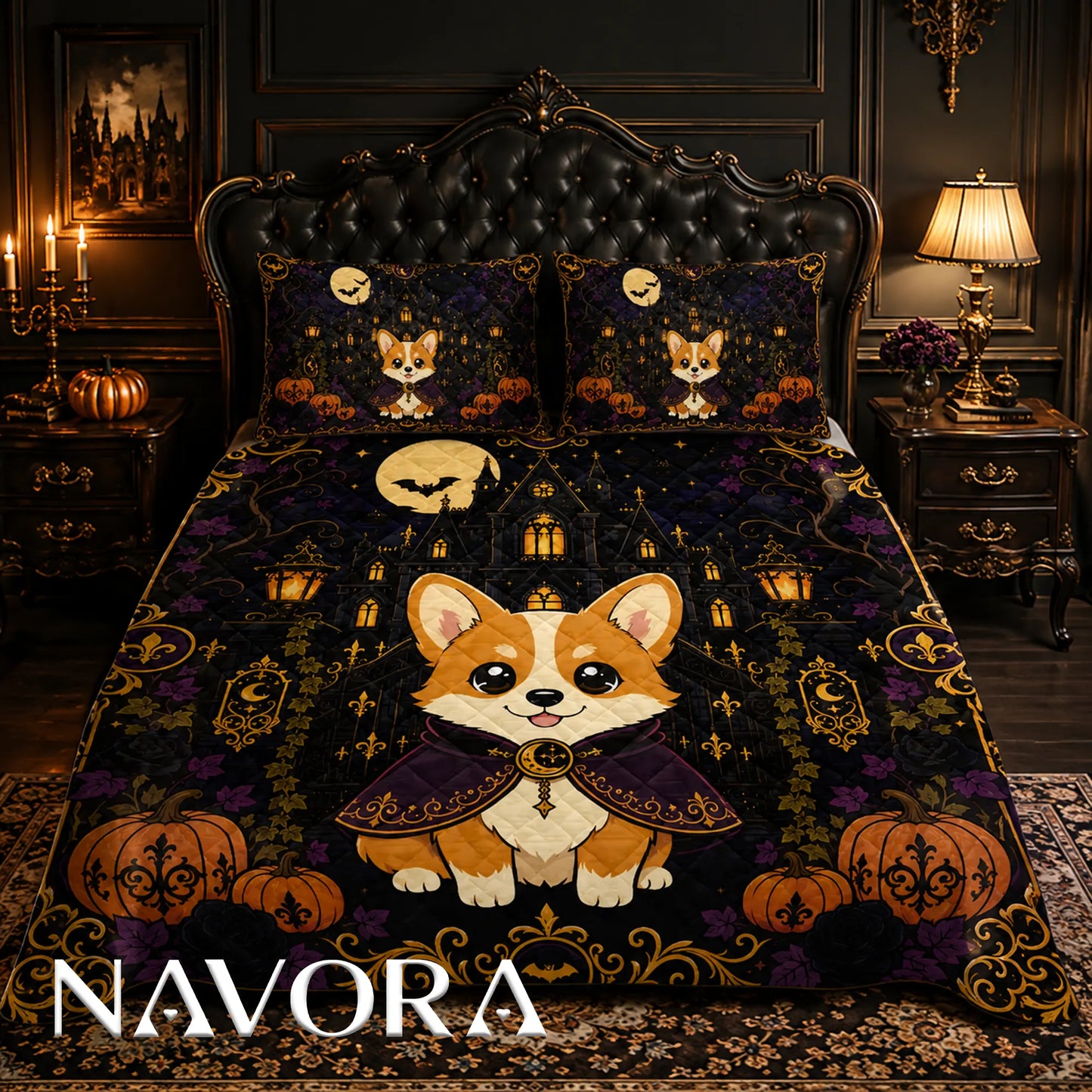 Gothic Halloween Corgi quilt featuring a vampire Corgi, haunted manor, pumpkins, bats and ornate gold details