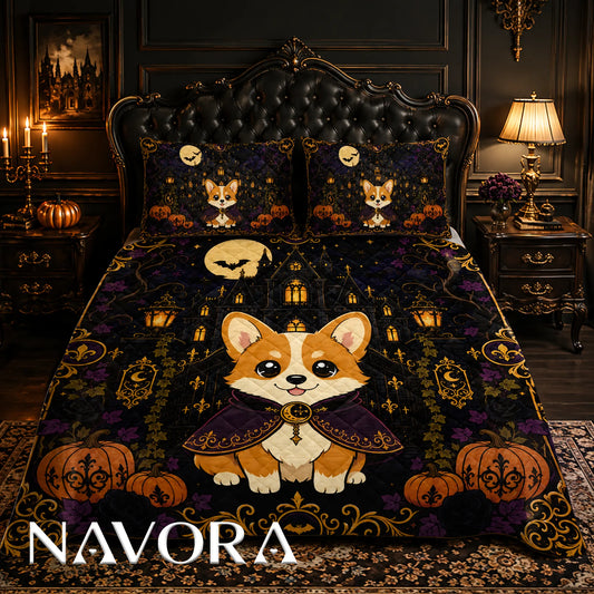 Gothic Halloween Corgi quilt featuring a vampire Corgi, haunted manor, pumpkins, bats and ornate gold details