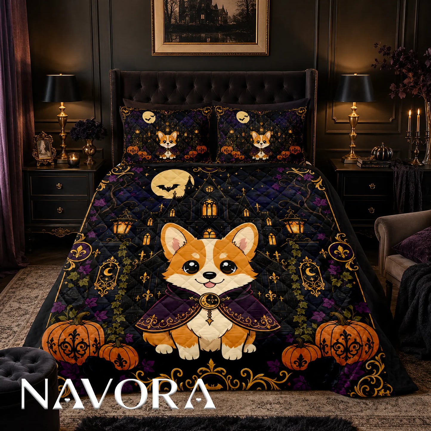 Gothic Halloween Corgi quilt featuring a vampire Corgi, haunted manor, pumpkins, bats and ornate gold details