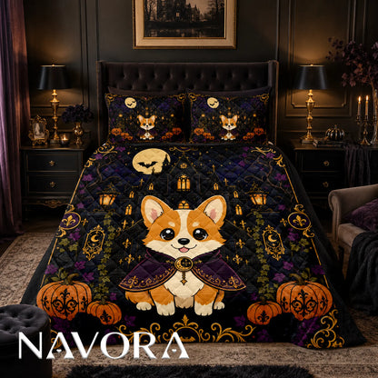 Gothic Halloween Corgi quilt featuring a vampire Corgi, haunted manor, pumpkins, bats and ornate gold details