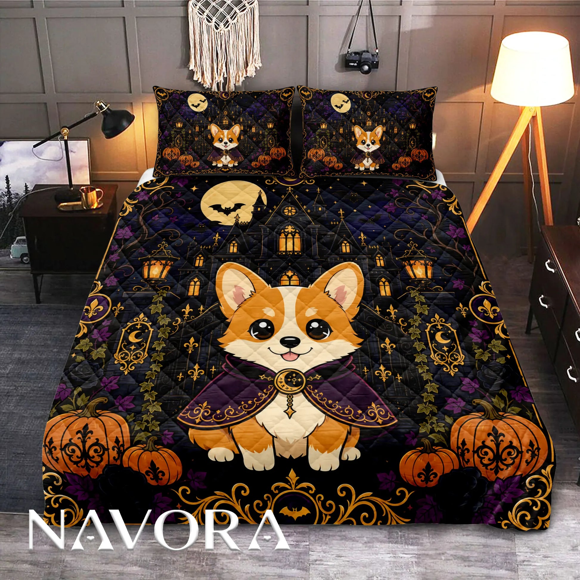 Gothic Halloween Corgi quilt featuring a vampire Corgi, haunted manor, pumpkins, bats and ornate gold details