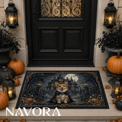 Gothic Corgi Halloween doormat with haunted manor and full moon