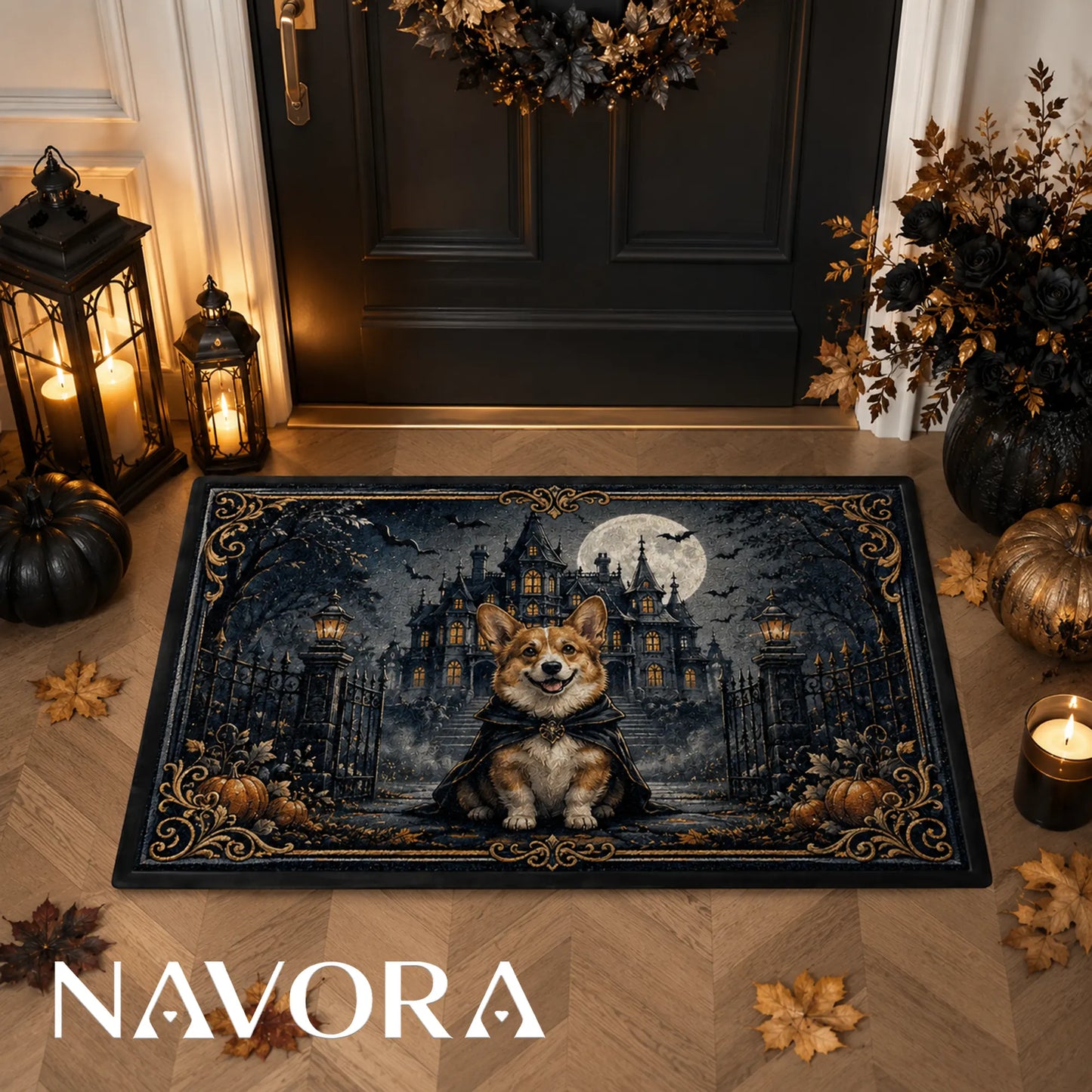 Gothic Corgi Halloween doormat with haunted manor and full moon