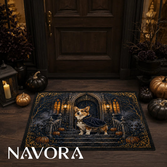 Gothic castle Corgi Halloween doormat with pumpkins and lanterns