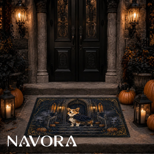 Gothic castle Corgi Halloween doormat with pumpkins and lanterns