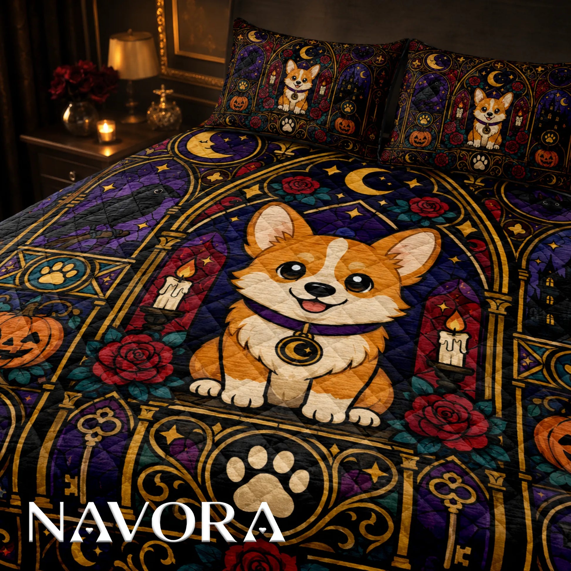 Gothic stained glass Corgi Halloween quilt bedding set with ravens, black cats, pumpkins, candles and roses