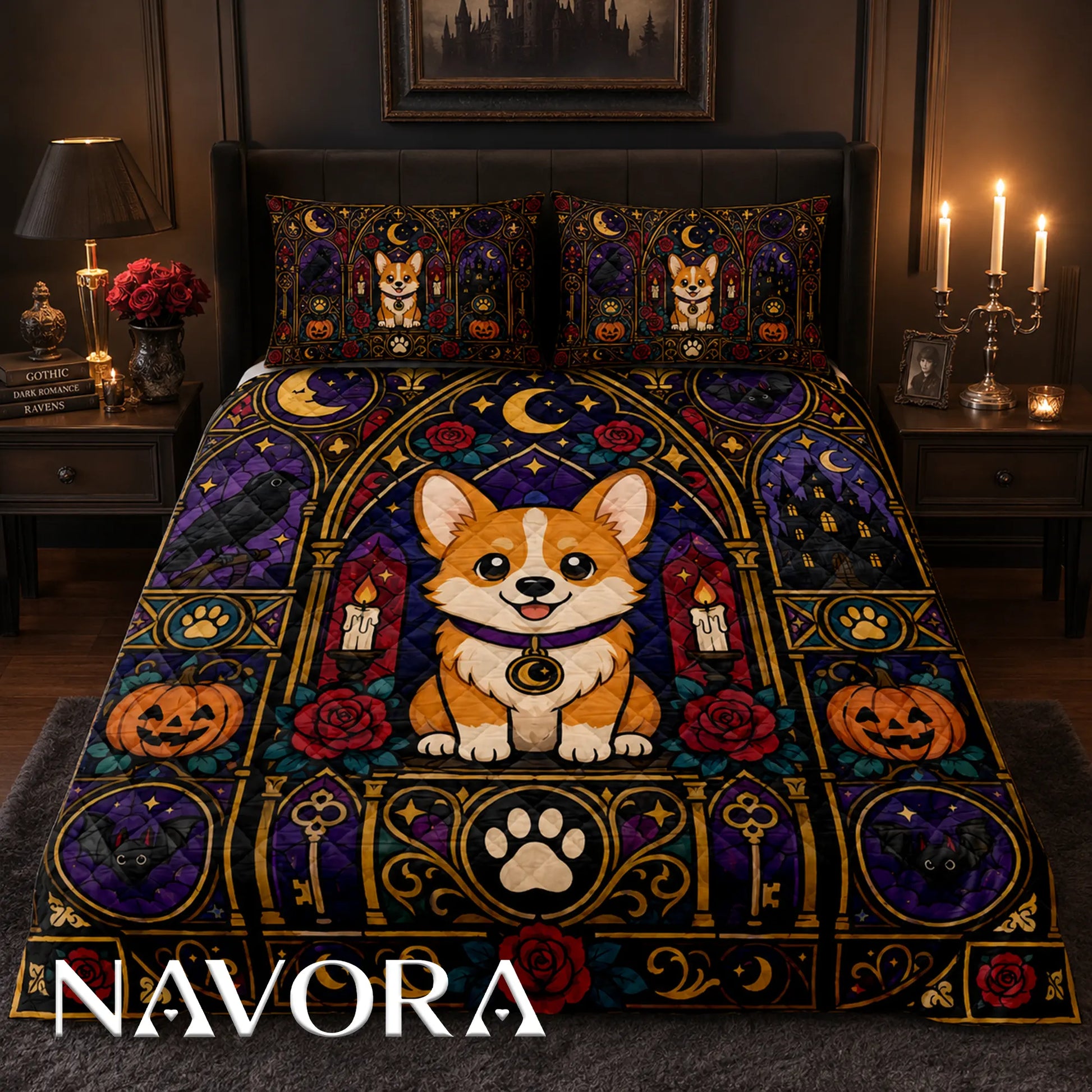 Gothic stained glass Corgi Halloween quilt bedding set with ravens, black cats, pumpkins, candles and roses