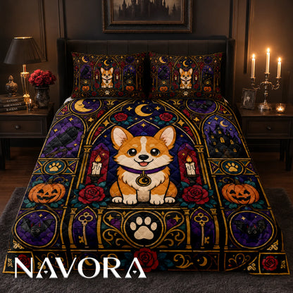 Gothic stained glass Corgi Halloween quilt bedding set with ravens, black cats, pumpkins, candles and roses
