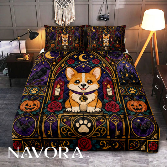 Gothic stained glass Corgi Halloween quilt bedding set with ravens, black cats, pumpkins, candles and roses