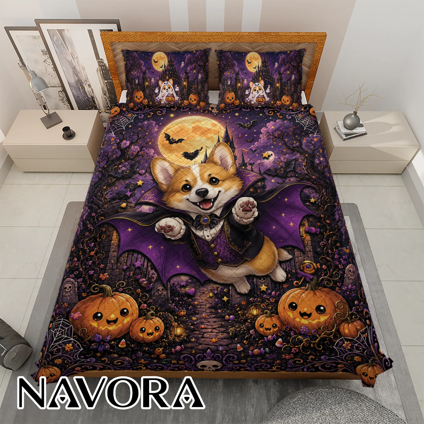 Halloween Corgi Bedding Set – Spooky Cute Bedroom Decor