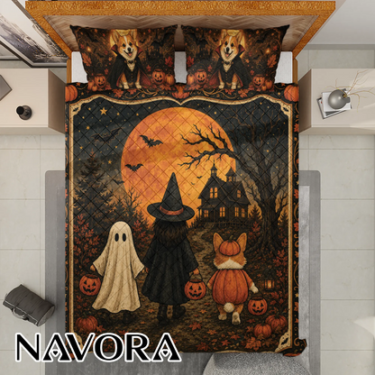 Halloween Corgi Bedding Set – Spooky Pumpkin Quilt Decor