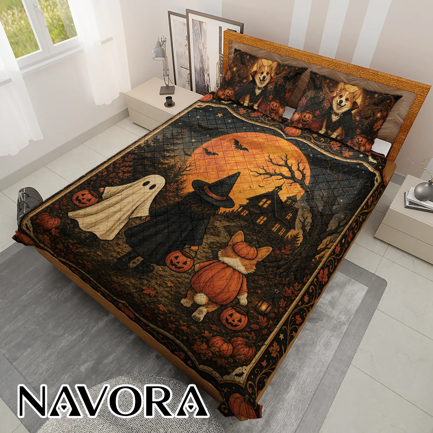Halloween Corgi Bedding Set – Spooky Pumpkin Quilt Decor