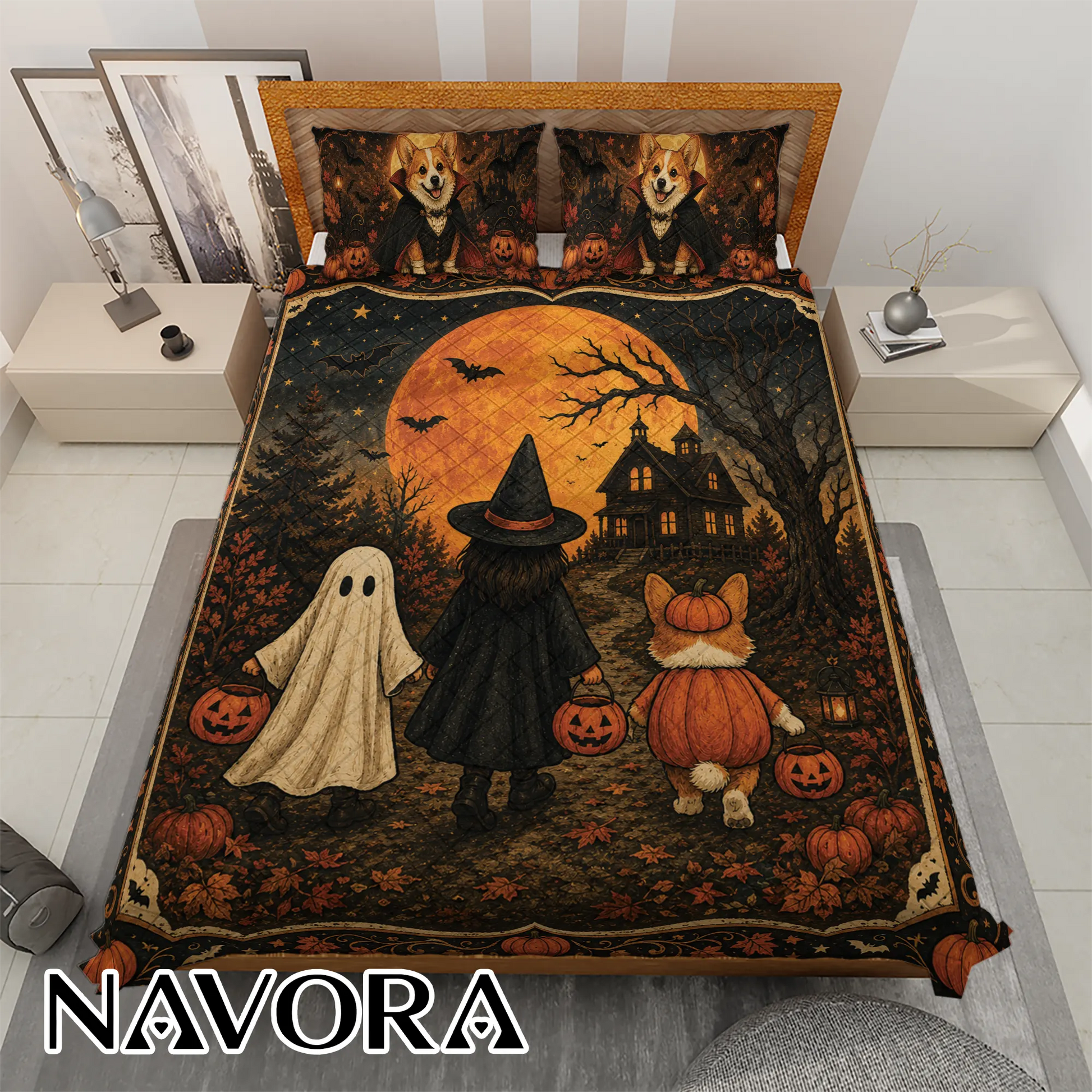Halloween Corgi Bedding Set – Spooky Pumpkin Quilt Decor
