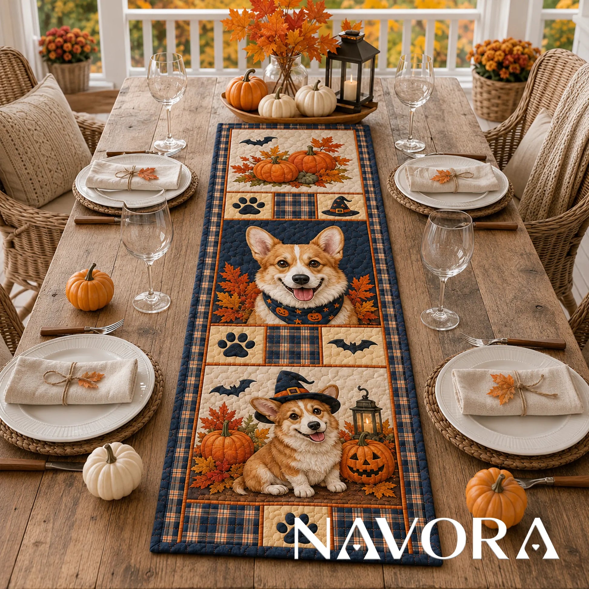 Halloween Corgi Pumpkin Patch Quilt Table Runner